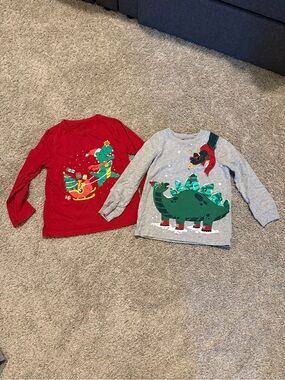 Multiples Kids Long-Sleeve Dinosaur Holiday Tees - Red & Gray Size 4T